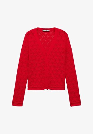 Cardigan rosso in maglia con scollo a V, maniche lunghe e un motivo in pizzo. Presenta una chiusura con bottoni e un orlo decorativo nella parte inferiore.
