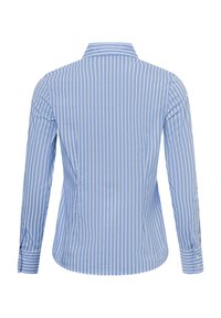 Blue and white striped long-sleeve shirt with a classic collar, button cuffs, and a straight back design. Smooth fabric texture.