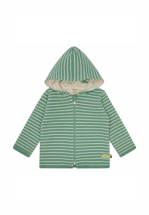 Gestreifte grüne Zip-Up-Hoodie mit Kapuze; verfügt über weiße horizontale Streifen und ein weiches Innenfutter. Enthält ein kleines Logo-Tag an der unteren Seite.