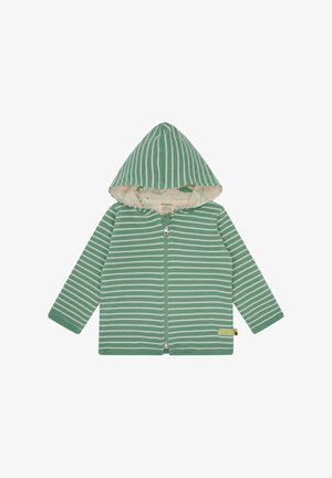 Gestreepte groene rits hoodie met een capuchon; heeft witte horizontale strepen en een zachte binnenvoering. Inclusief een klein logolabel aan de onderzijde.