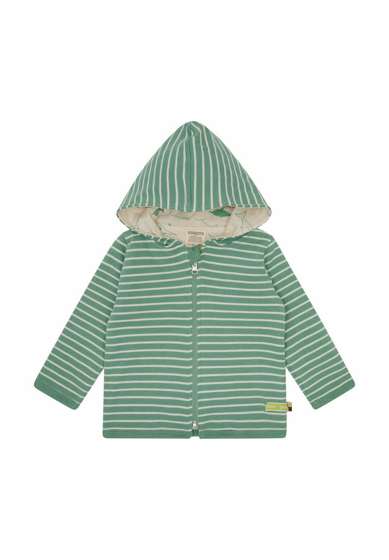 Felpa con zip a righe verde, dotata di cappuccio; presenta righe bianche orizzontali e una morbida fodera interna. Include un piccolo logo sul lato inferiore.