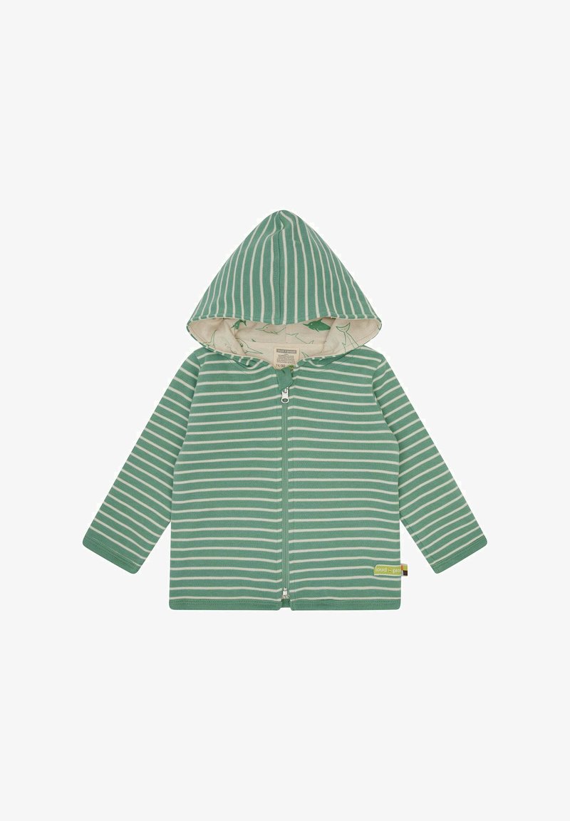 Felpa con zip a righe verde, dotata di cappuccio; presenta righe bianche orizzontali e una morbida fodera interna. Include un piccolo logo sul lato inferiore.