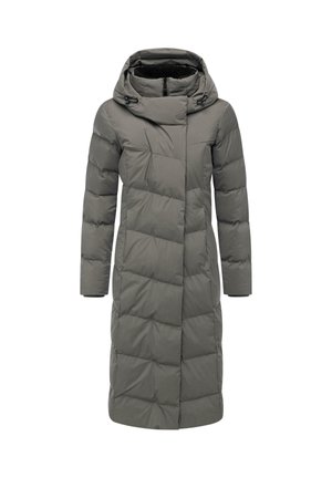 Siva podložena bunda s kapuco, z zadrgo spredaj, prešita tekstura, dolgi rokavi in srednja dolžina. Opazna podrobnost panelev.