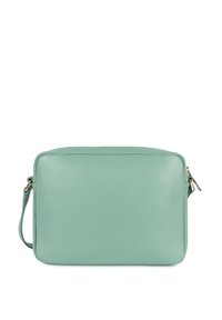 Borsa a tracolla in pelle verde menta con forma rettangolare, superficie texturizzata, chiusura con zip e tracolla regolabile. Design semplice e funzionale.