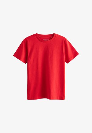 T-shirt rossa in cotone con maniche corte, colletto a coste e design semplice. Texture liscia; nessun motivo o grafica presente.