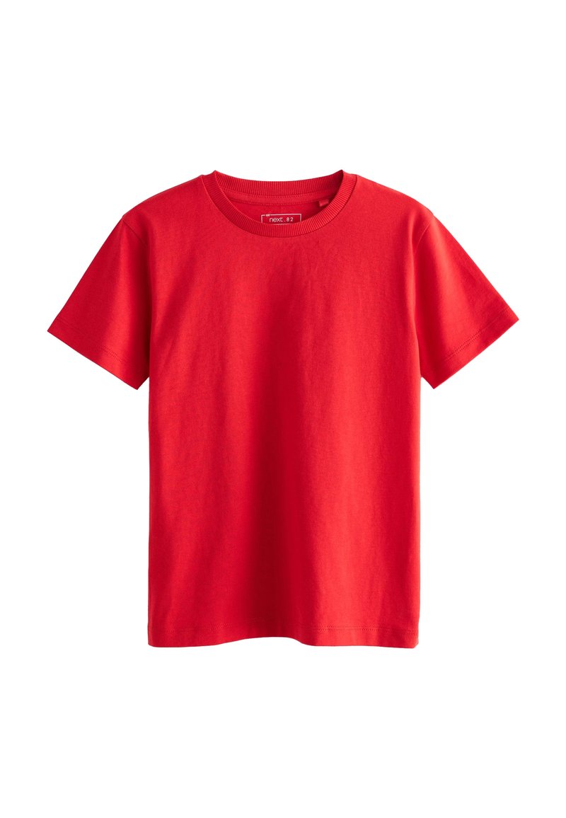 Rode katoenen T-shirt met korte mouwen, geribde ronde hals en een eenvoudige uitstraling. Gladde textuur; geen patronen of grafische elementen aanwezig.