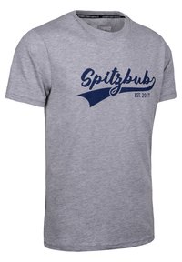 Graues kurzärmliges T-Shirt aus weichem Stoff mit einem navyblauen Druckdesign, das das Wort "Spitzbub" und "EST. 2017." zeigt.