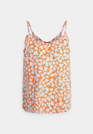 Camisola floral com alças finas, apresentando um fundo laranja vibrante adornado com flores brancas e cor-de-rosa, feita de tecido leve.
