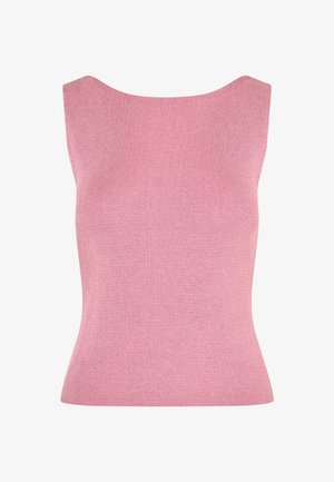 Majica bez rukava od mekanog pamučnog rebrastog materijala. Ima široku izrezanost na vratu i prilagođeni kroj. Glatka tekstura s suptilnim sjajem.