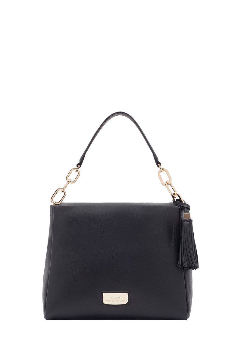 Zwarte leren handtas met een gestructureerde vorm, voorzien van een handvat aan de bovenkant, gouden hardware en een kwastdetail aan de zijkant.