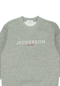 Gray sweatshirt with a v-neck collar, ribbed cuffs, and "JECKERSON EST. 1995" text in white and red embroidery on the front.