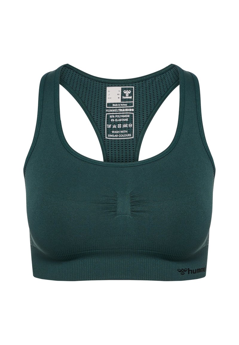 Ciemnozielony stanik sportowy o bezszwowym, teksturowanym designie. Posiada szerokie ramiączka i logo na dolnej taśmie. Wykonany z poliamidu i elastanu.