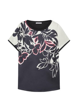 Kortærmet bluse med sort, hvid og lyserød blomster- og bladmønster, rund halsudskæring og sort kant på ærmer og krave.