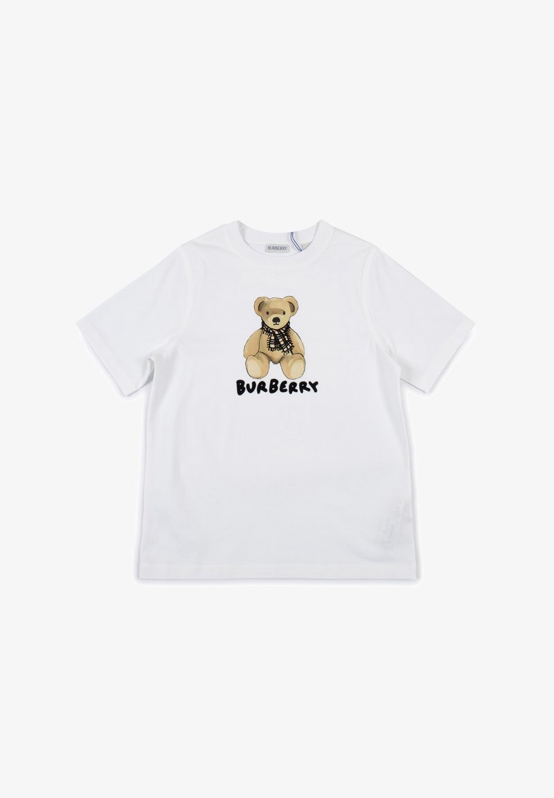 T-shirt bianco in cotone con una grafica di orso e testo "BURBERRY" in nero. Maniche corte, design classico a girocollo.