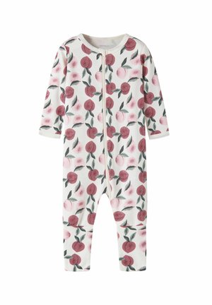 Combinaison blanche pour bébé avec motifs de pêche roses, feuilles vertes, manches longues et fermeture éclair à l’avant.