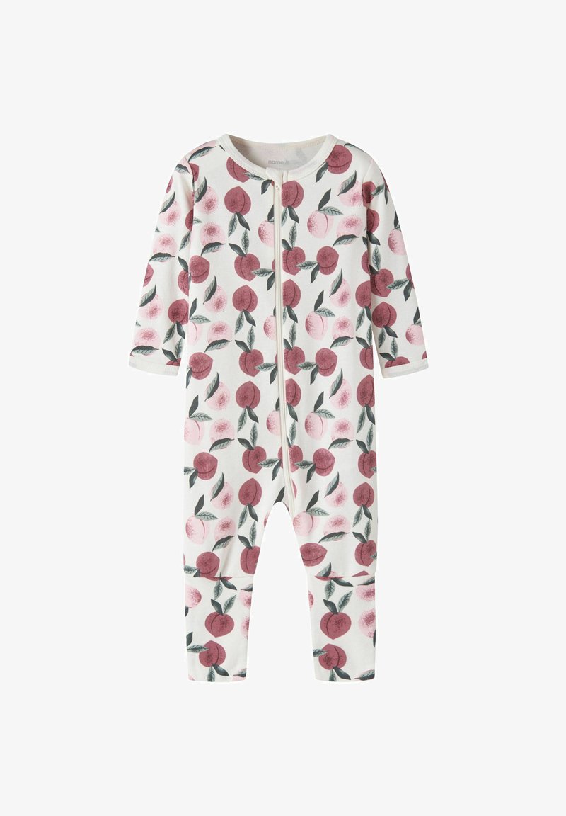 Combinaison blanche pour bébé avec motifs de pêche roses, feuilles vertes, manches longues et fermeture éclair à l’avant.