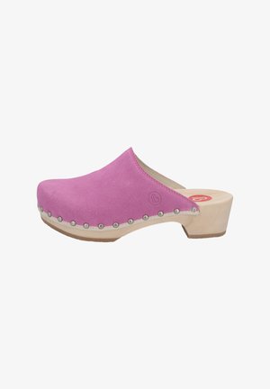Pink suede clog with a rounded toe, wood sole, and silver hardware accents along the edge. Flat heel with a natural wood finish.