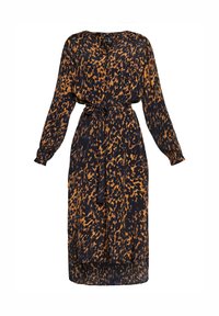 Vestido de manga larga y hasta la rodilla con estampado abstracto de animales en negro y naranja, que presenta un escote en V y un cinturón atado en la cintura.