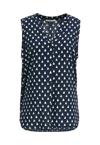 Blouse sans manches bleu marine avec col en V et motif poires vertes et blanches, coupe ample, tissu léger.