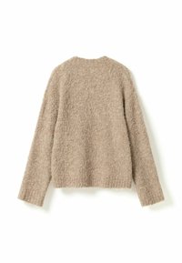 Smėlio spalvos ilgarankovė pūkuota megztinis su apvalia iškirpte, parodytas iš nugaros ant balto fono.