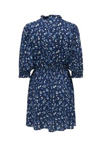 Marineblaues knielanges Kleid mit kleinem weißen und blauen Blumenmuster, elastischem Bund, dreiviertel Ärmeln sowie gerafftem Kragen und Manschetten.