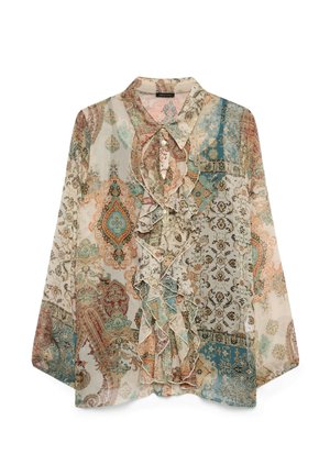 Langærmet bluse med flerfarvede paisley- og blomstermønstre, med en flæse foran og spids krave i let, gennemsigtigt stof.