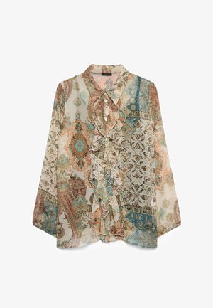 Bluza cu mâneci lungi cu modele paisley și florale multicolore, cu volane în față și guler ascuțit din material ușor, translucid.