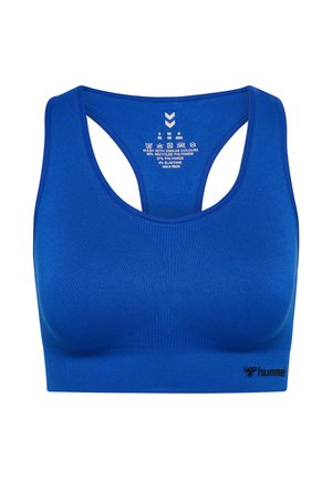 Blauer Sport-BH mit Racerback-Design. Hergestellt aus recyceltem Polyamid-Mix. Verfügt über ein strukturiertes Muster und ein Markenlogo auf dem Bund.