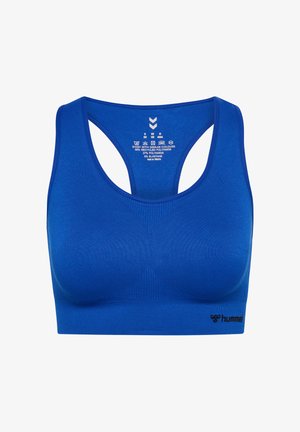 Blauer Sport-BH mit Racerback-Design. Hergestellt aus recyceltem Polyamid-Mix. Verfügt über ein strukturiertes Muster und ein Markenlogo auf dem Bund.
