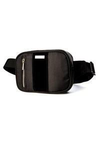 Marsupio in tessuto nero con tasca frontale con zip, texture liscia, cinturino regolabile e forma rettangolare dal design minimal.