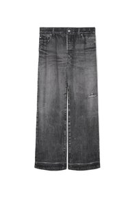 Jeans de mezclilla anchos de color negro deslavado con un rasguño desgastado en el muslo derecho, cierre de botón y cremallera, y pasadores para cinturón.