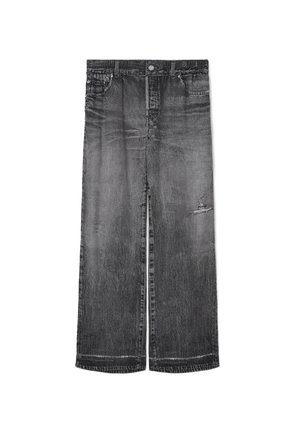 Zwarte vervaagde wijde spijkerbroek van denim met een verwoeste rip op de rechterdij, knoop- en ritssluiting, en riemlussen.