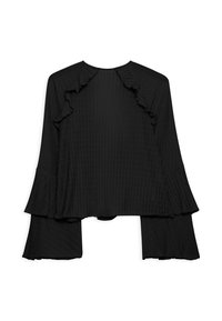 Musta pitkähiha blouse, jossa on teksturoitu kangas, röyhelödetaljit hartioilla ja kaula-aukossa sekä leveät hihansuut.