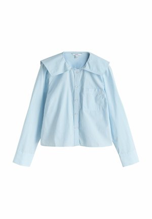 Hellblau-weiß gestreiftes Hemd mit Knöpfen, weiter Kragen, langen Ärmeln, Manschetten und einer Brusttasche.