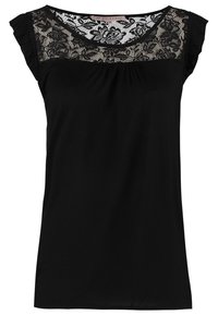 Černý top s krajkovou částí u výstřihu, volánovými rukávy a měkkou látkou v uvolněném střihu. Jednoduchý design s elegantními detaily.