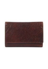 Brown leather wallet with a textured finish, featuring a flap closure and embossed logo detail. Compact rectangular shape.