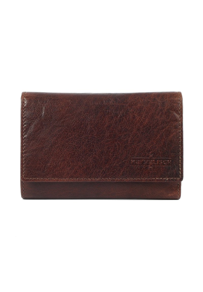 Brown leather wallet with a textured finish, featuring a flap closure and embossed logo detail. Compact rectangular shape.