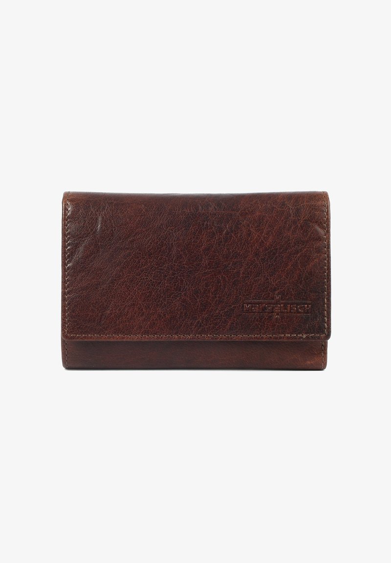 Brown leather wallet with a textured finish, featuring a flap closure and embossed logo detail. Compact rectangular shape.