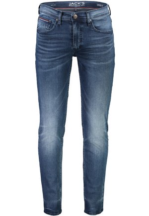 Vaqueros azul oscuro con un ajuste entallado, que cuentan con una etiqueta en la cintura interior, cierre de botón y un diseño clásico de cinco bolsillos con un leve desvanecimiento.