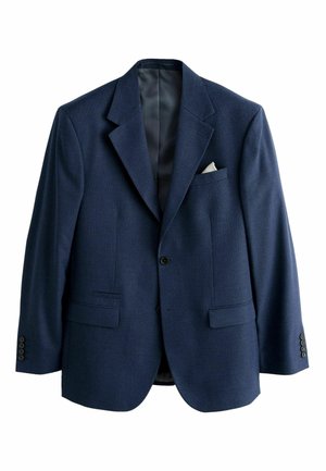 Tmavomodré pánske sako s výrezovými klopami, dvoma prednými vrecami s klapkami, jedným náprsníkom s bielym vreckovkou a gombíkovými manžetami.