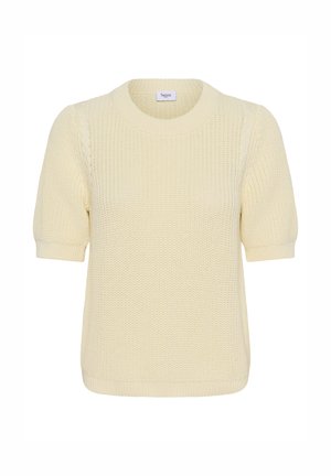 Kreemika värvi lühikeste varrukatega kootud kampsun ümara kaelusega ning tekstuurse mustriga, millel on silt Saint, valge taustaga.