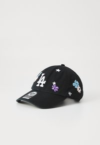 Cappellino da baseball nero con logo "LA" ricamato, fiori colorati e stelle. Presenta una visiera curva e una fascia regolabile sul retro.