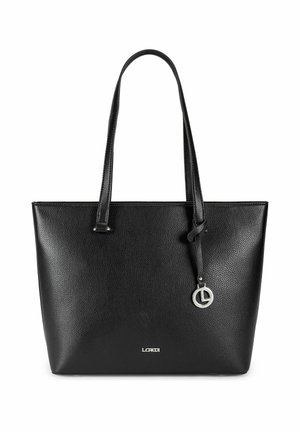 Black textured leather tote bag with two handles, silver circular logo charm, and small silver L.Credi brand name on front.