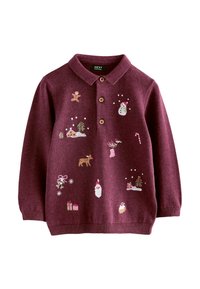 Bordeaux gebreide trui met een kraag, voorzien van kleurrijke geborduurde ontwerpen van feestelijke elementen zoals sneeuwmannen, bomen en cadeaus.