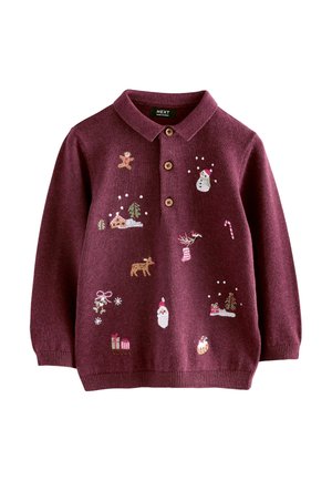 Burgunderfarbener Strickpullover mit Kragen, der farbenfrohe gestickte Designs von festlichen Elementen wie Schneemännern, Bäumen und Geschenken zeigt.
