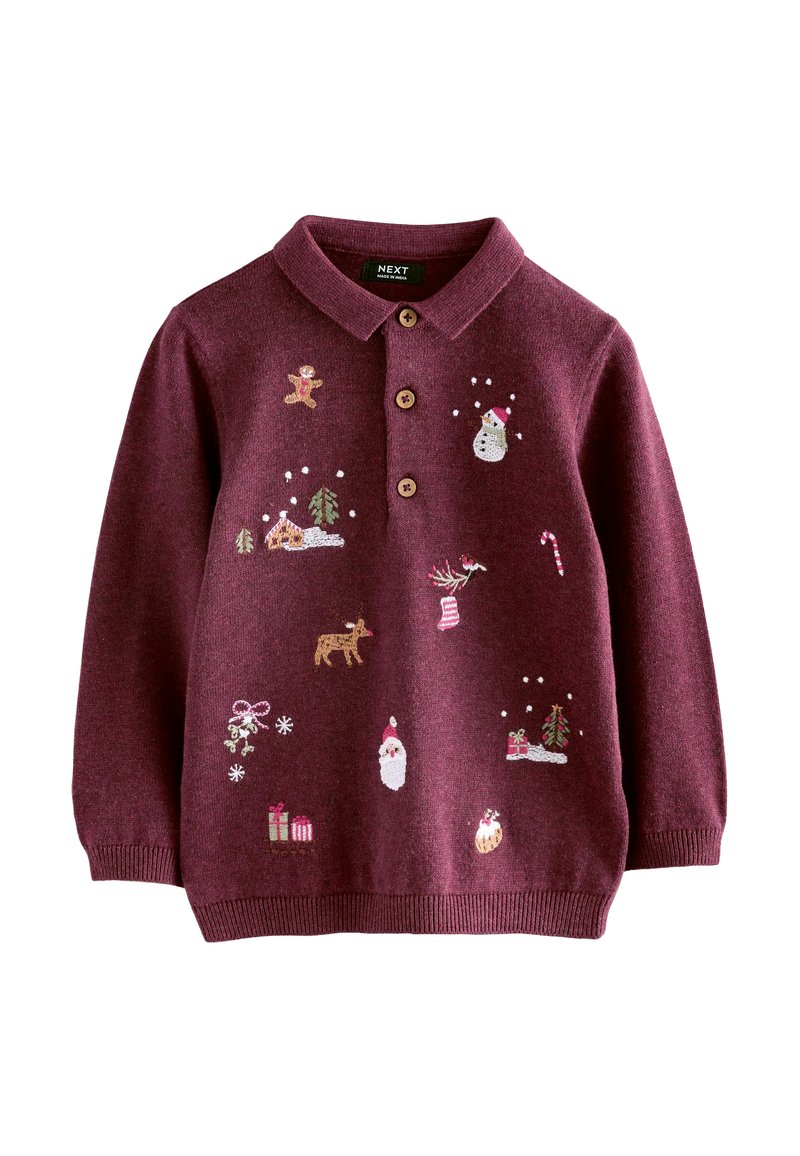 Bordeaux gebreide trui met een kraag, voorzien van kleurrijke geborduurde ontwerpen van feestelijke elementen zoals sneeuwmannen, bomen en cadeaus.