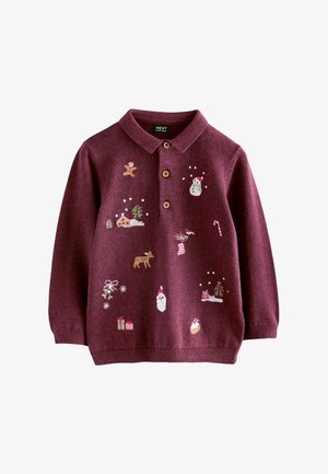 Suéter de punto burdeos con cuello tipo camisa, que presenta coloridos bordados de elementos festivos como muñecos de nieve, árboles y regalos.