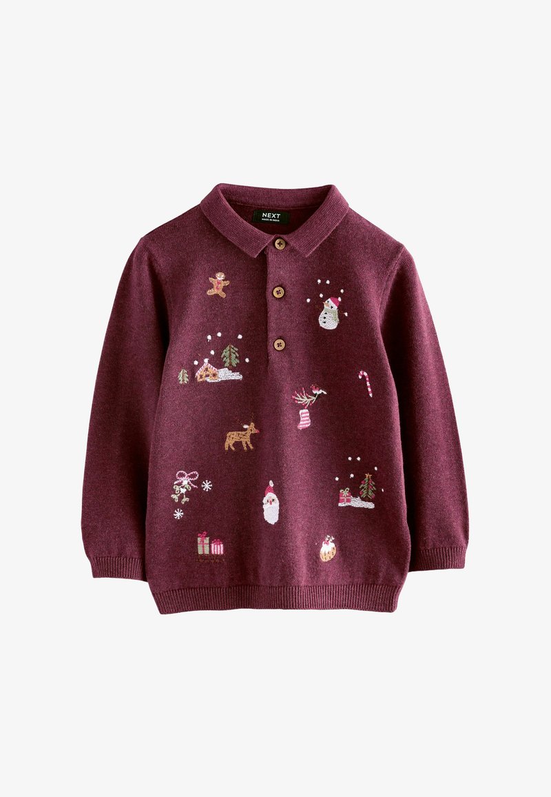 Bordó kötött pulóver, galléros nyakkal, színes hímzett ünnepi elemekkel, mint a hóemberek, fák és ajándékok.