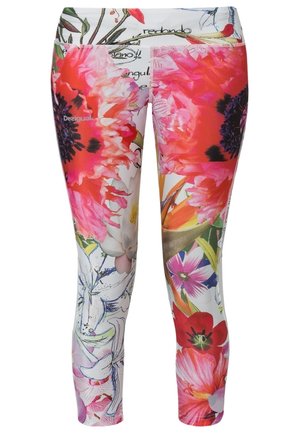 Leggings mit lebendigen großen Blumenmustern in Pink, Rot und Weiß sowie grünen Blättern auf weißem Hintergrund.