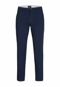 Pantalon homme bleu marine slim avec fermeture bouton et zip, passants de ceinture et poches avant.
